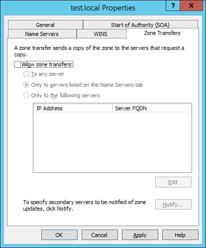 Отключаем AXFR и IXFR трансфер у зон, интегрированных в Active Directory Отключаем AXFR и IXFR трансфер у зон, интегрированных в Active Directory