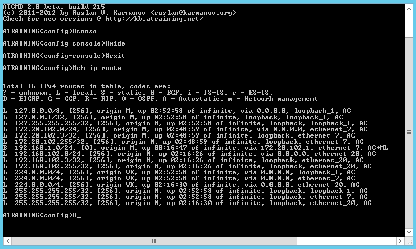 Таблица маршрутизации с BGP-маршрутом, просмотр через atcmd.exe Таблица маршрутизации с BGP-маршрутом, просмотр через atcmd.exe