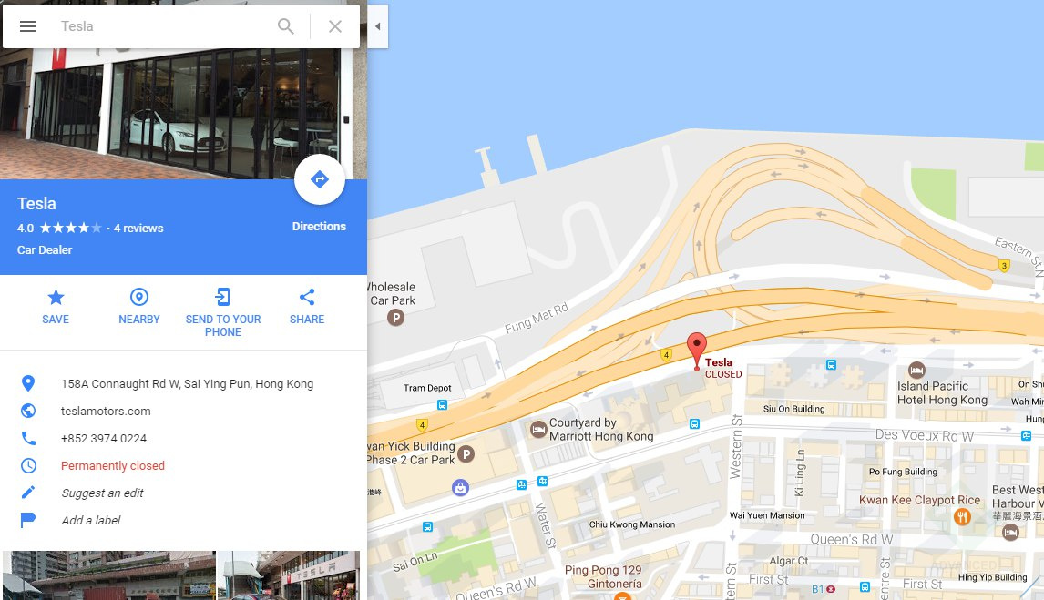 Закрытый салон Теслы на карте острова Гонконг.