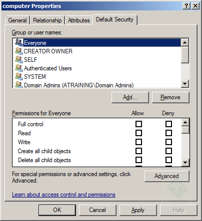 Редактируем в Active Directory schema ACL объекта computer