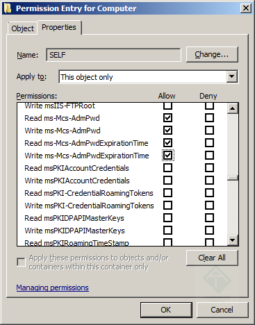 Добавляем в Active Directory schema права на модификацию атрибутов LAPS для объекта computer