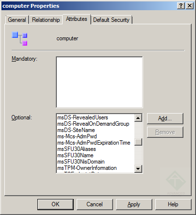 Атрибуты ms-Mcs-AdmPwd и ms-Mcs-AdmPwdExpirationTime, добавленные LAPS (Local Administrator Password Solution) к классу computer